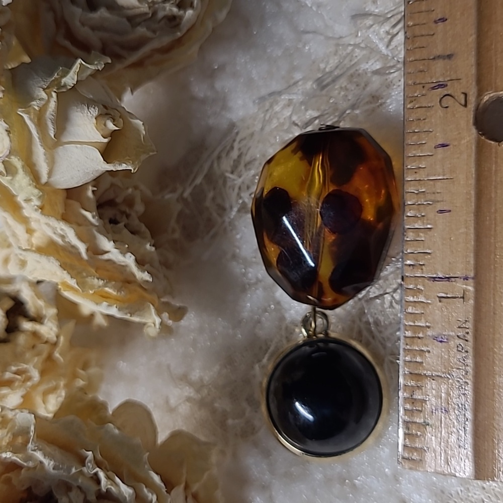 Dangle Drop Earrings Tiger Eye Chunky Clip On Amber Black Goldtone Statement - Picture 6 of 6